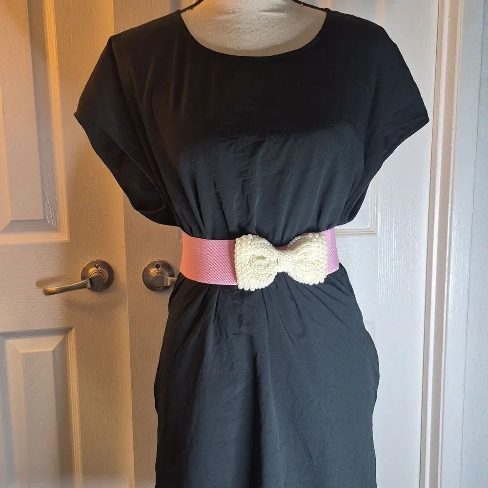 ♡♡♡Faux Pearl Large Bow Wide Stretch Dress Belt Cream Pink Party CLub Wear